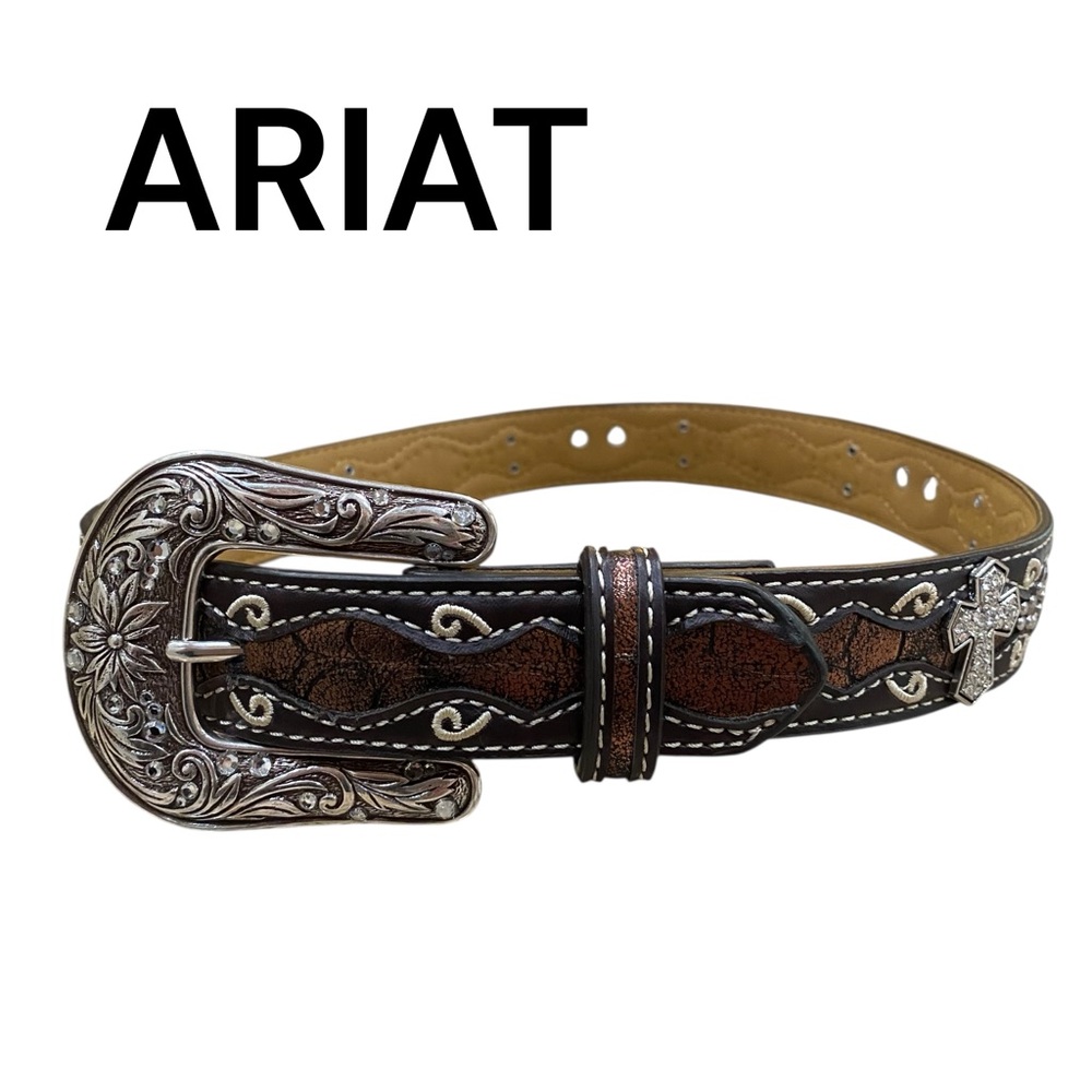 Ariat Brown & Copper Western Belt with  Silver Buckle & Rhinestone Crosses
